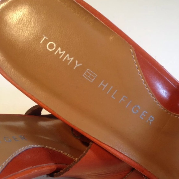 Tommy Hilfiger Orange Leather Slides Wooden Heels - Picture 6 of 8